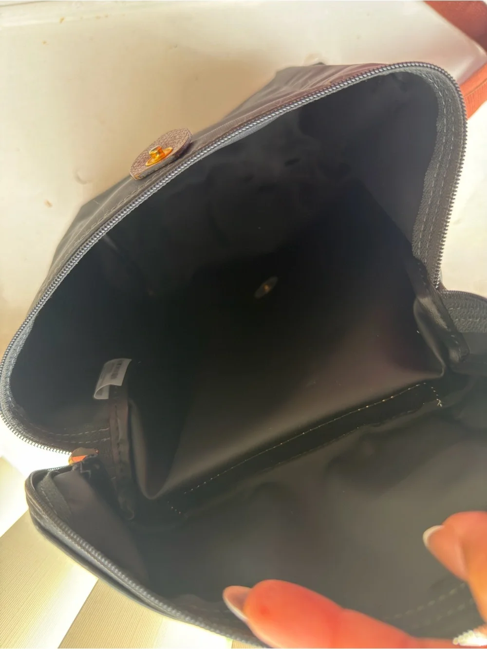 Long champ grey book bag with Brown Leather Trim